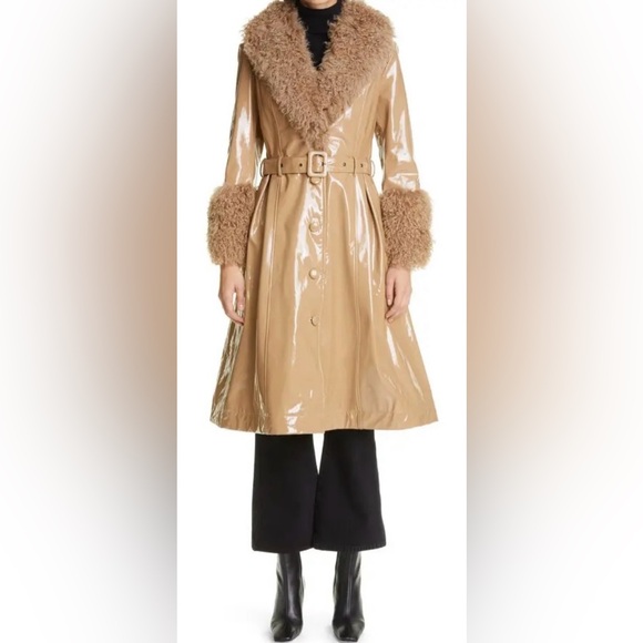 Saks Potts Tan Patent Lamb Leather Coat w/Shearling Collar & Cuffs, Size 2/M - Picture 1 of 5